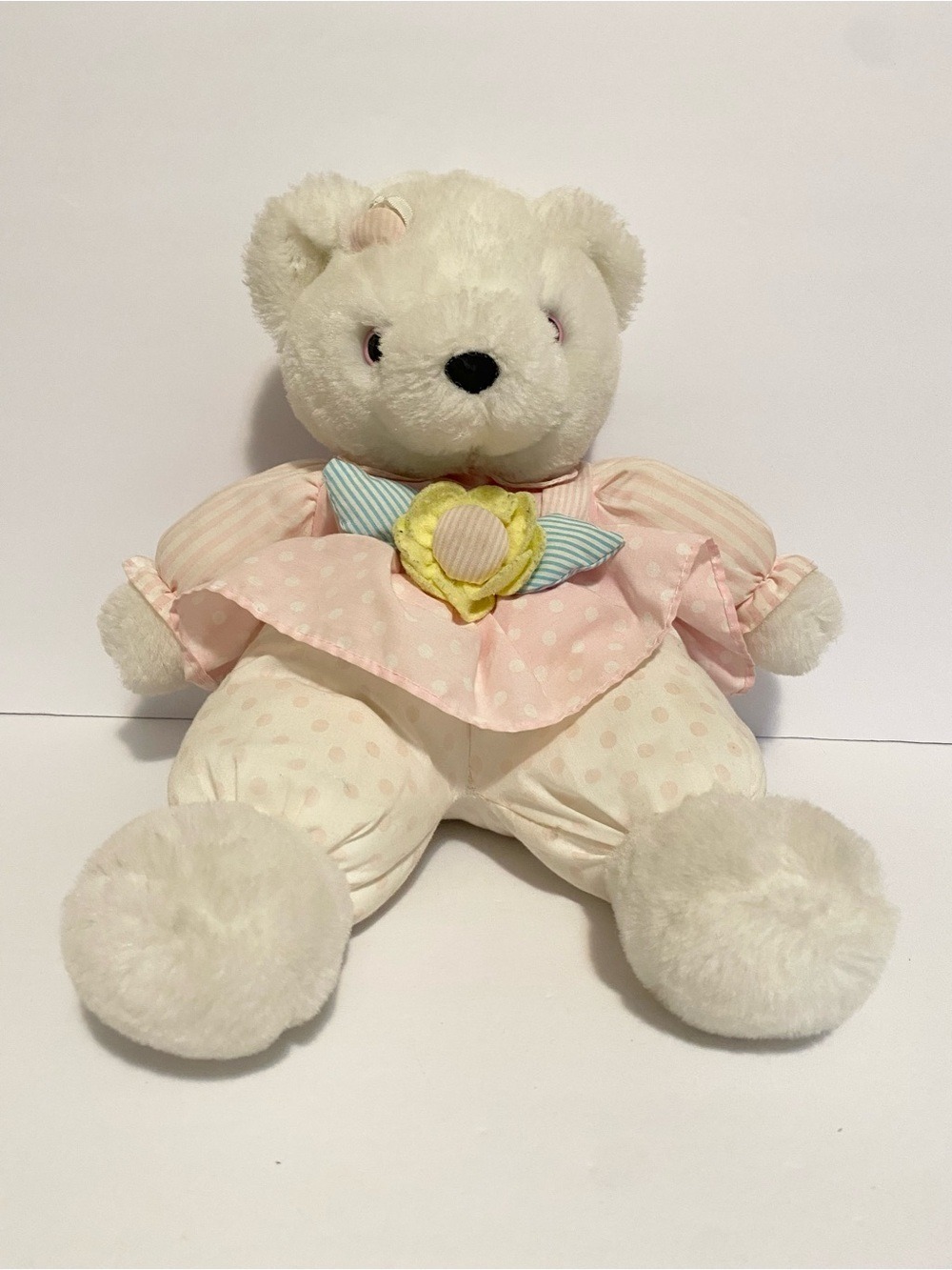 Vintage Dan Dee Teddy Bear Plush Pink White Polka Dot Dress Stuffed Animal Toy